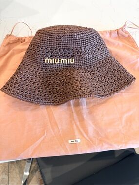 Miu Miu Chocolate Brown Crochet Bucket Hat with Gold Logo